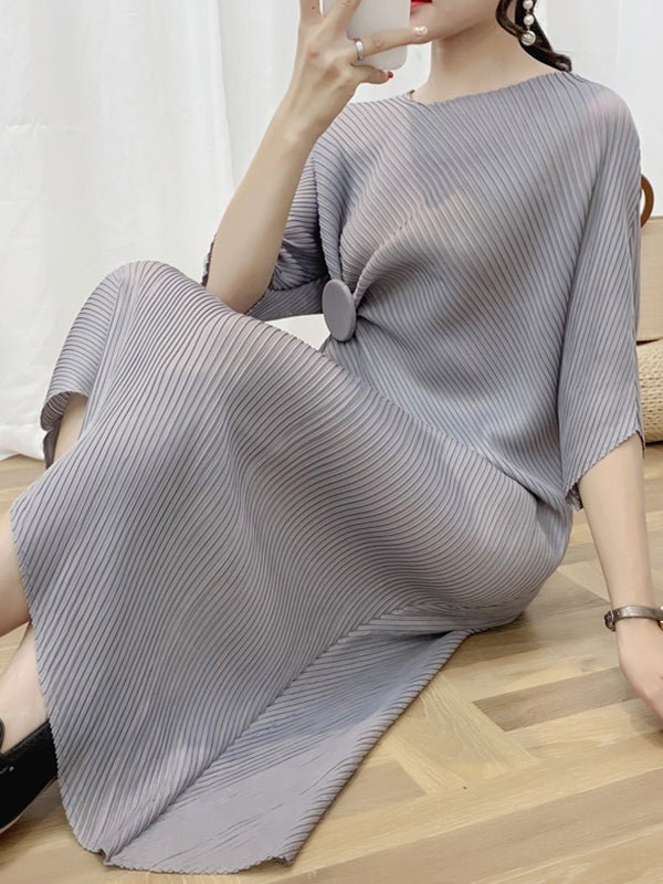 Half Sleeves Irregular Clipping Pleated Color Round-neck Midi Dresses