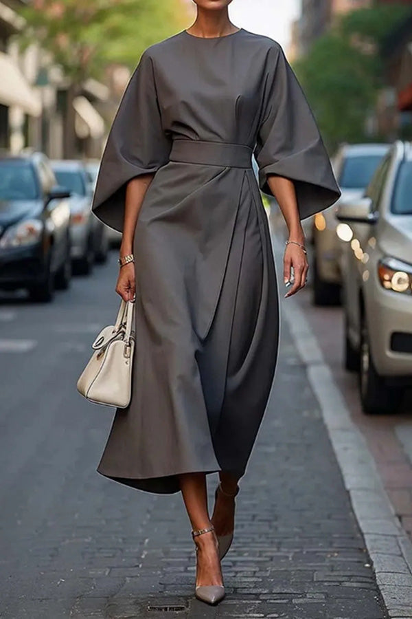 Color Batwing Sleeve Waisted Midi Dress