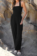 Collarless Straight Wide Leg Open Back Cross Strap Jumpsuit