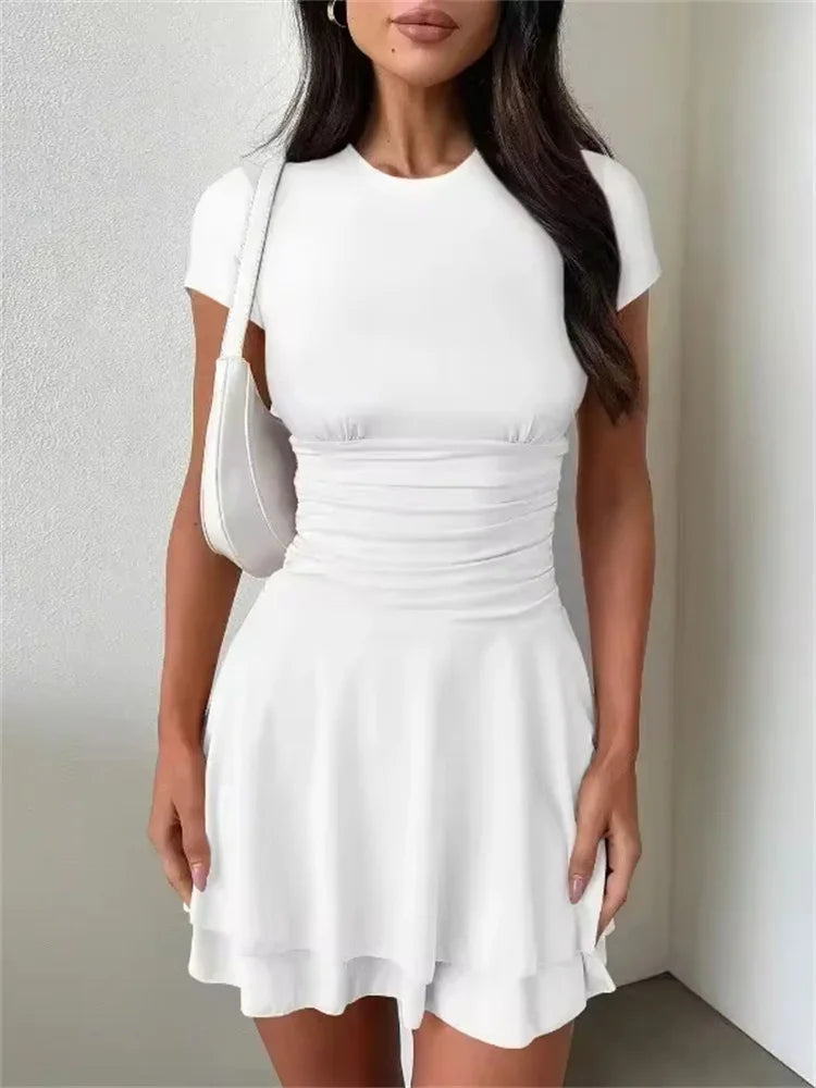 Folds Ruffled Mini Dress for Summer New Color Short Sleeves Female Clubs Party Slim Fit Dress