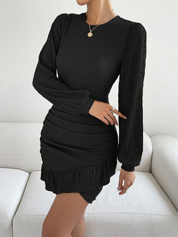 Bodycon Long Sleeves Pleated Ruffle Trim Color Split-joint Round-neck Mini Dresses