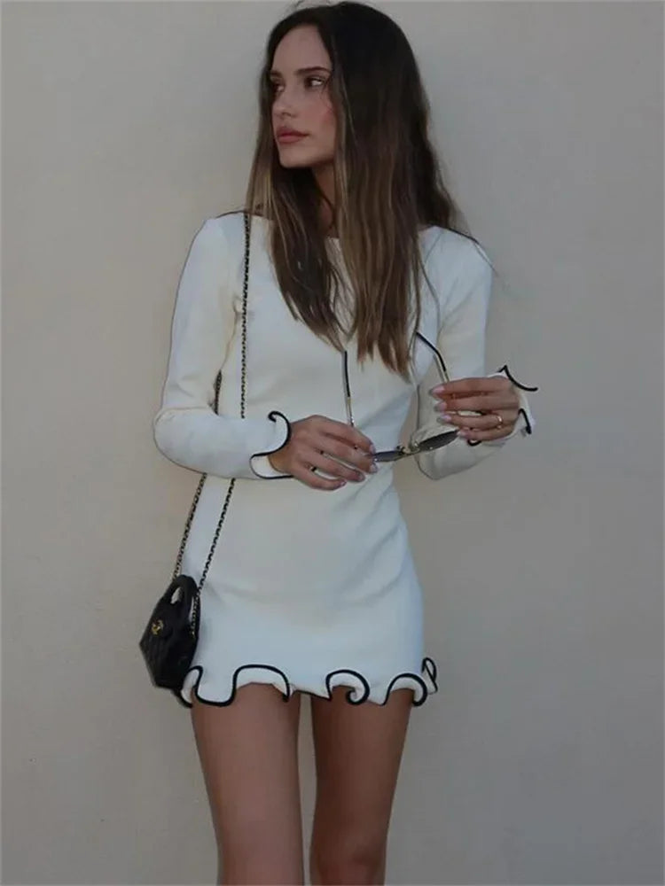 Ruffled Autumn Mini Dress ’s Slim Long Sleeve Patchwork Party Dress Female Mini Dress New