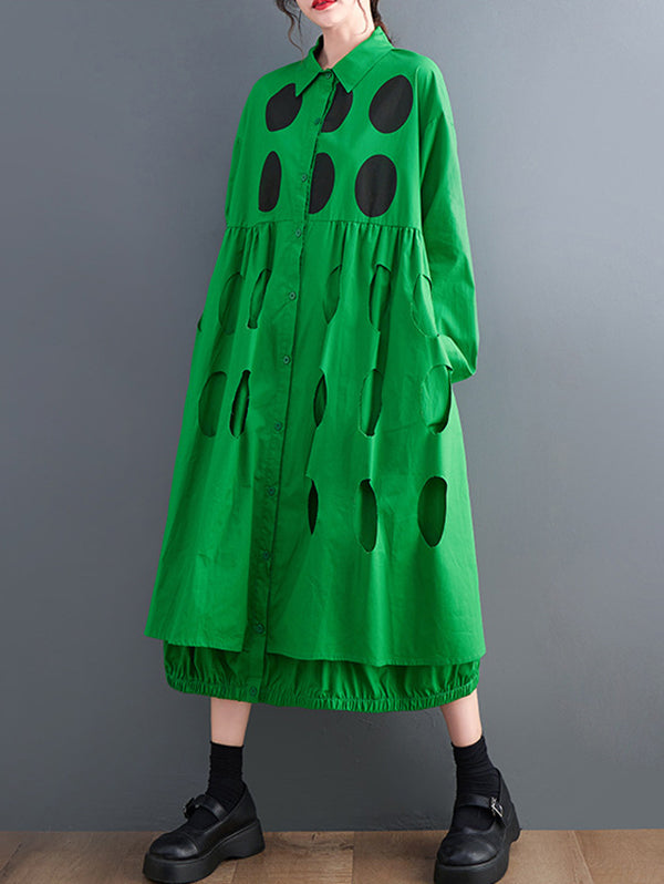 Stylish Long Sleeves A-line Polka Dot Polo Shirt Midi Dresses