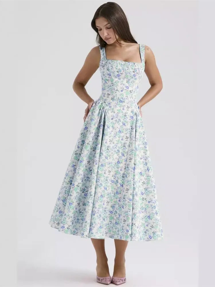 Flower Print Spaghetti Strap Dresses Backless Low Cut Folds Vacation Style Slim Midi Dress Female Vestidos