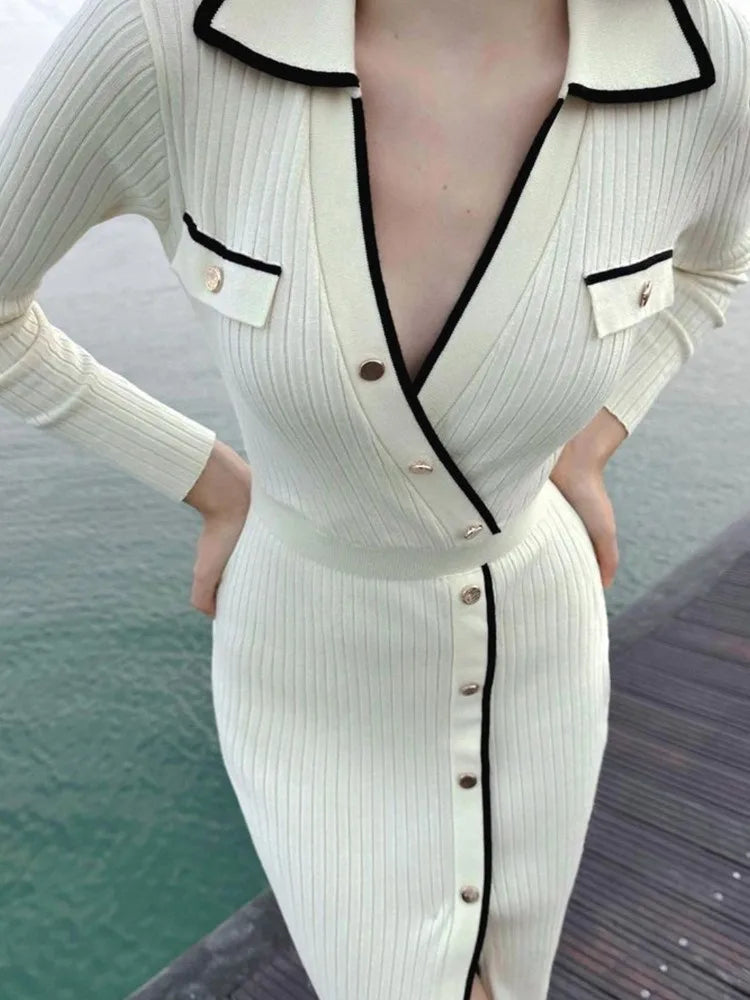White Patchwork Knit Maxi Dress for Slim Lace-up High Waist Split Party Dress Lapel Knitwear Dress