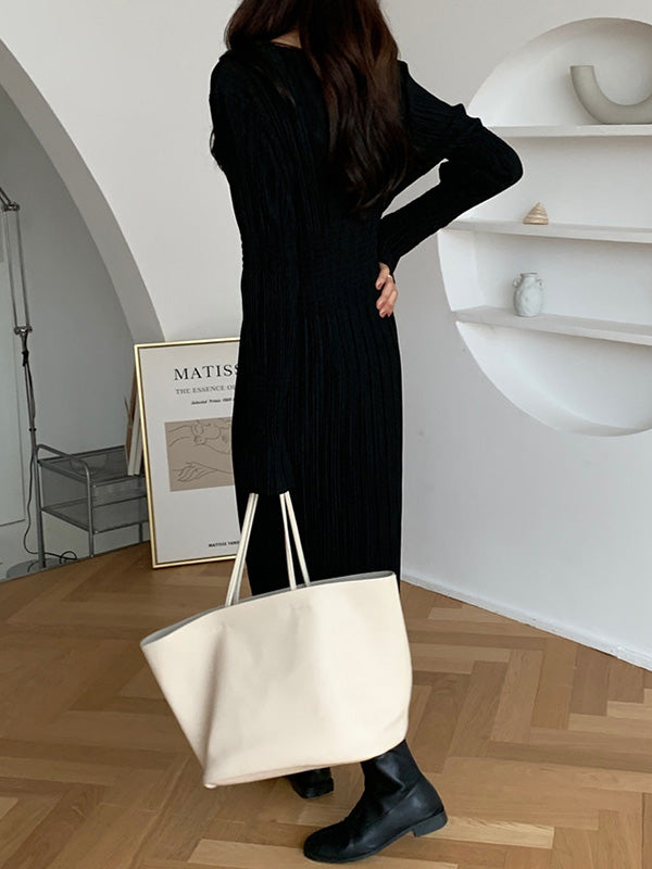 Simple Long Sleeves Black Split-joint Elasticity Waist Pleated Midi Dress