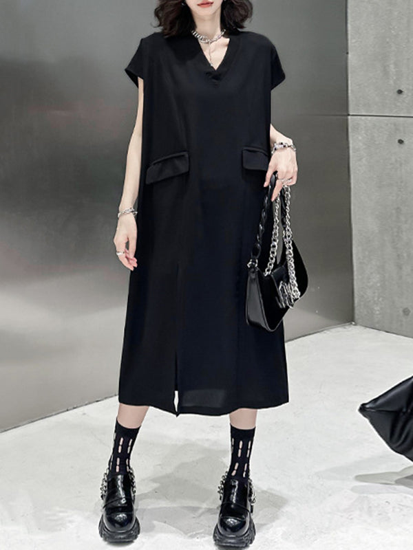Loose Short Sleeves Asymmetric Color Split-joint Split-side V-neck Midi Dresses