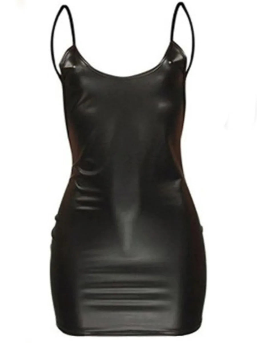 Sxy Faux Leather Backless Cami Bodycon Dress Spring Summer Spaghetti Strap Sleeveless Color Mini Dress for