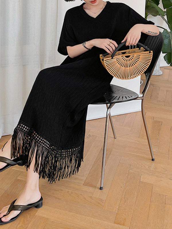 Loose Short Sleeves Color Split-joint Tasseled V-neck Midi Dresses