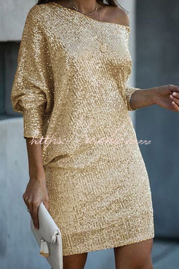 Sequined Off-shoulder Loose Mini Dress