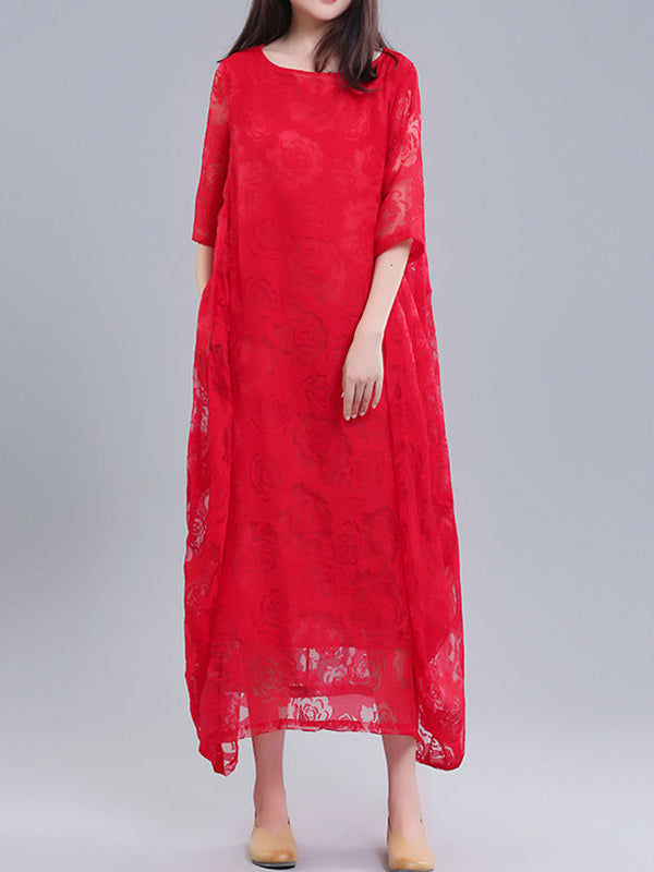 A-line Half Sleeves Flower Print See-through Color Round-neck Midi Dresses