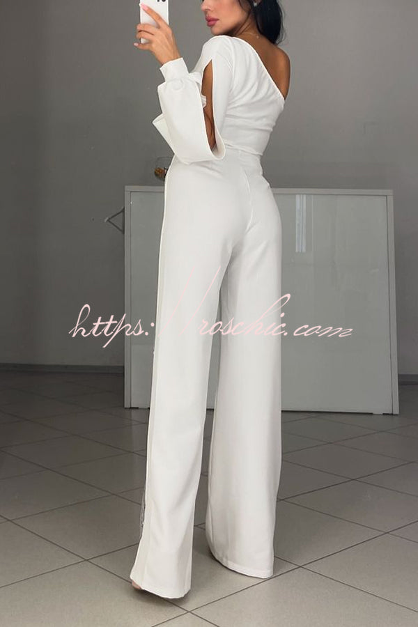 Fashionable Oblique Shoulder One-sleeve High Slit Slim Jumpsuit
