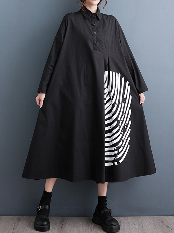 A-line Long Sleeves Asymmetric Buttoned Striped Lapel Midi Dresses