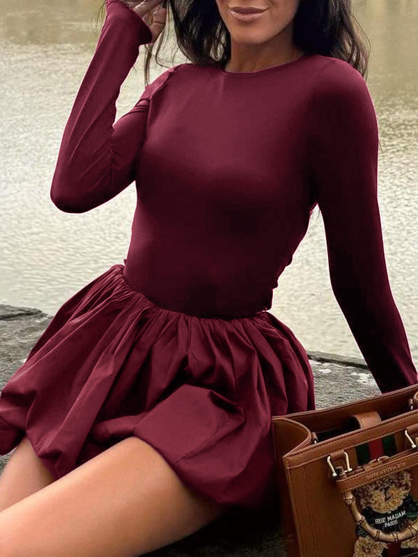 Long Sleeves Skinny Pleated Color Split-joint Round-neck Mini Dresses