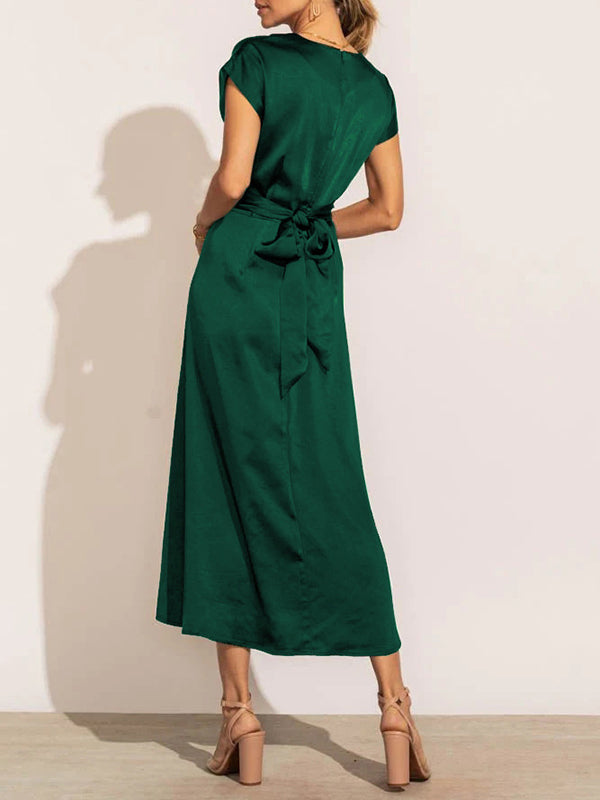 Loose Short Sleeves Color Split-joint Tied Waist Round-neck Midi Dresses