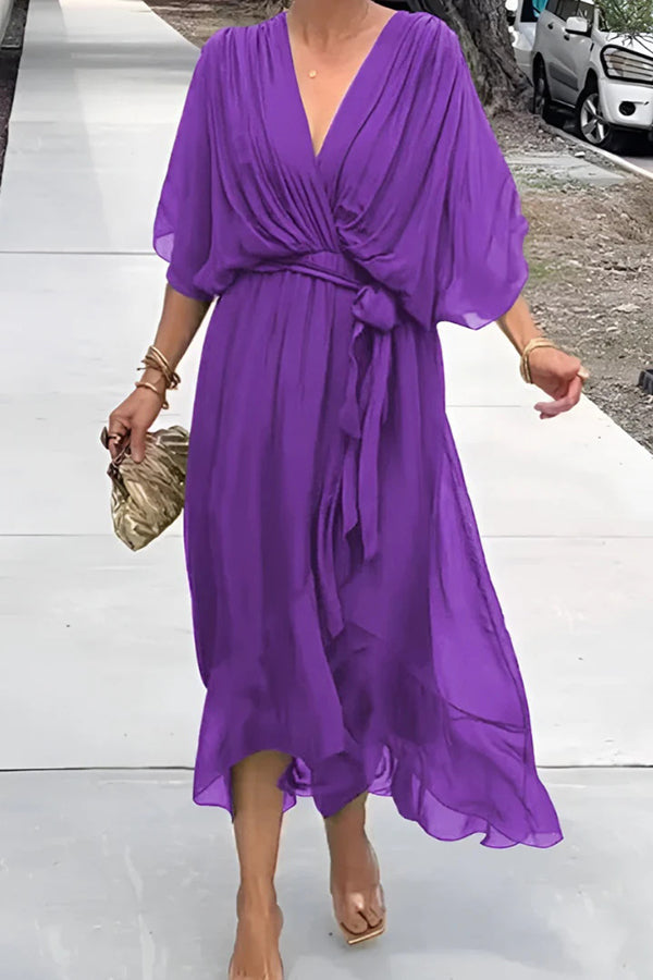 Color V-neck Bat Sleeve Lace-up Irregular Hem Midi Dress
