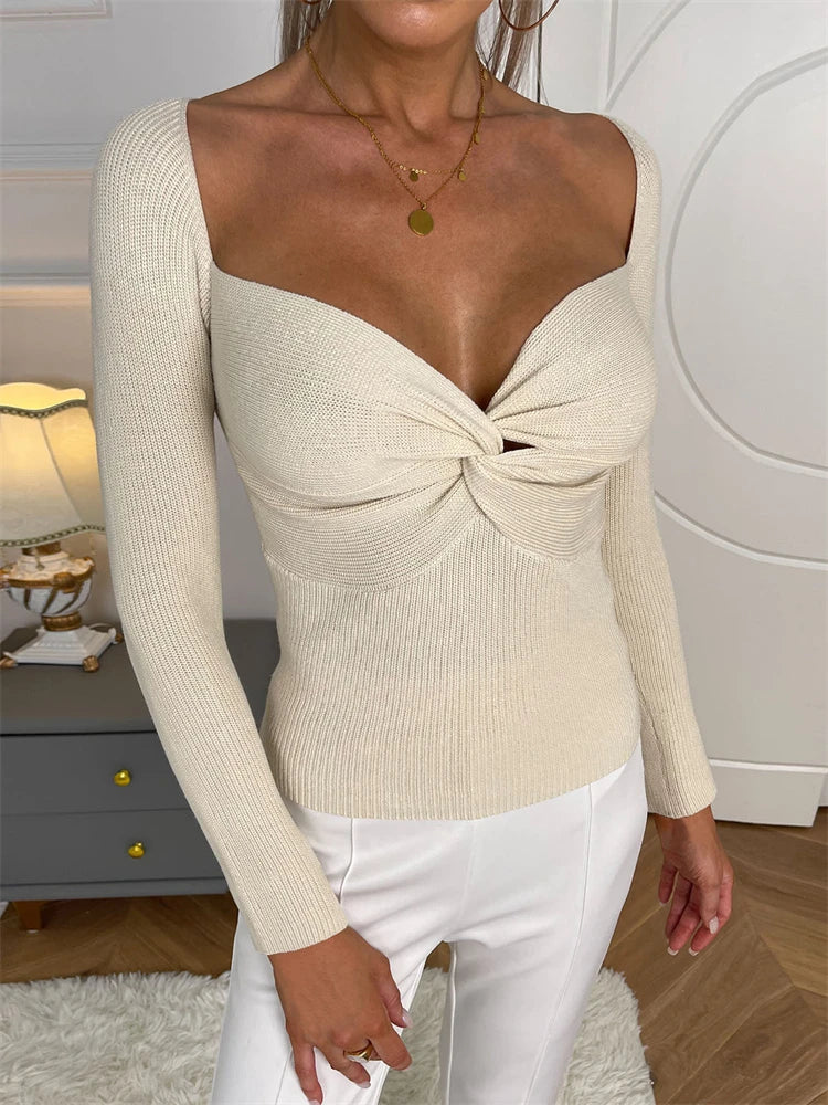 ’s Twist Knot Front V Neck Crop Sweater Knitwear Autumn Long Sleeve Knitted Pullover Tops