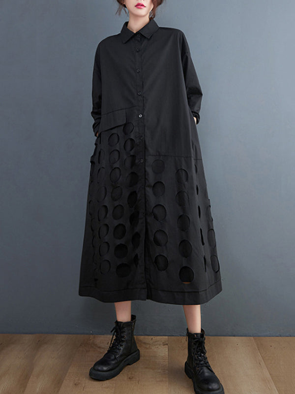 A-line Long Sleeves Asymmetric Hollow Polka-dot Color Lapel Midi Dresses