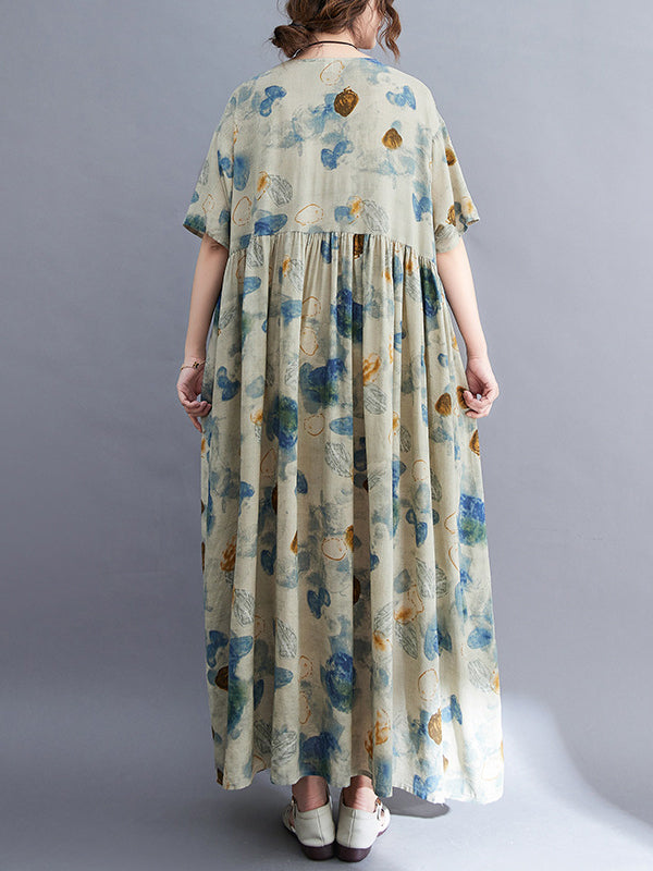 Artistic Retro Loose Printed Pleated Vacation Midi Dress