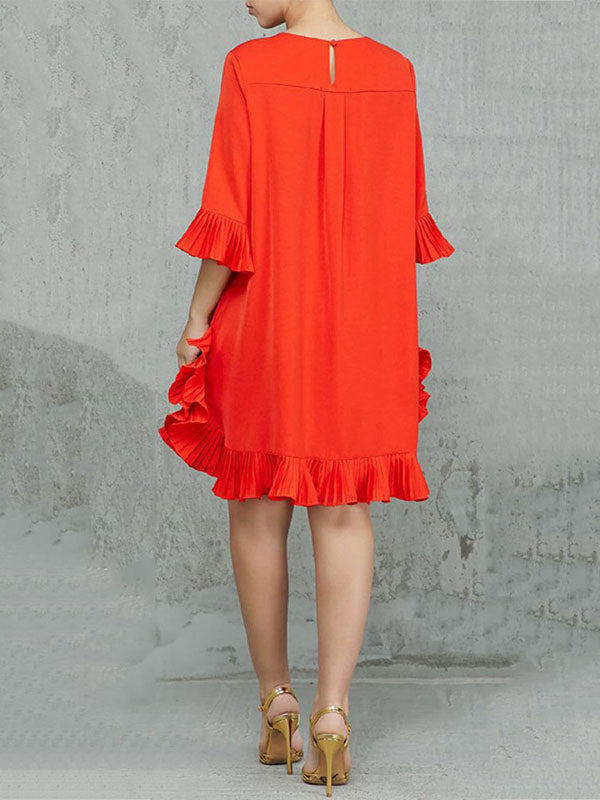 Half Sleeves Loose Falbala Color Round-neck Midi Dresses