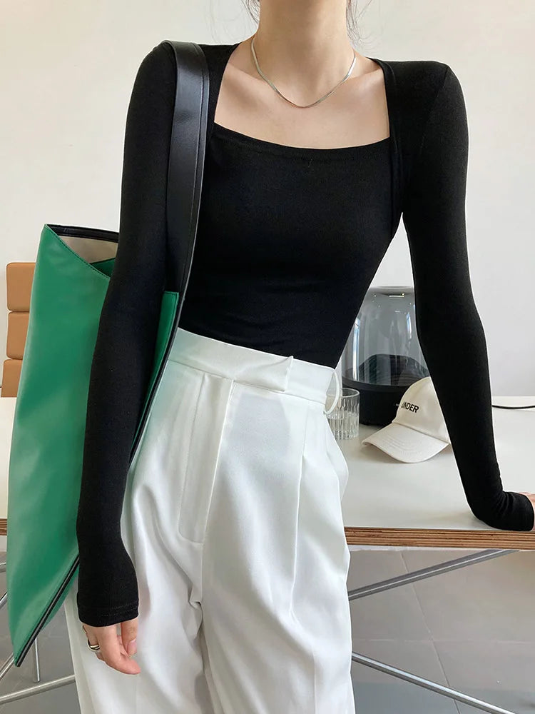 French Gentle Long-sleeved Square-neck T-shirt Slim Fake Two-piece Top Autumn Color Bottoming Shirt