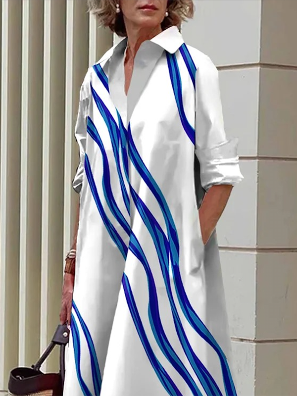 Loose Three-quarter Sleeves Buttoned Striped Lapel Collar Midi Dresses