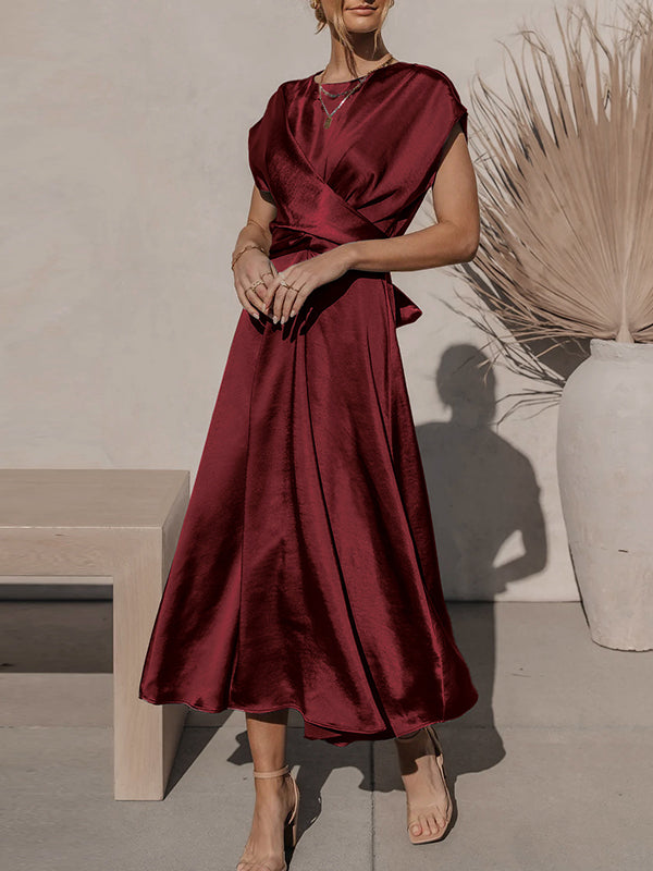 Loose Short Sleeves Color Split-joint Tied Waist Round-neck Midi Dresses