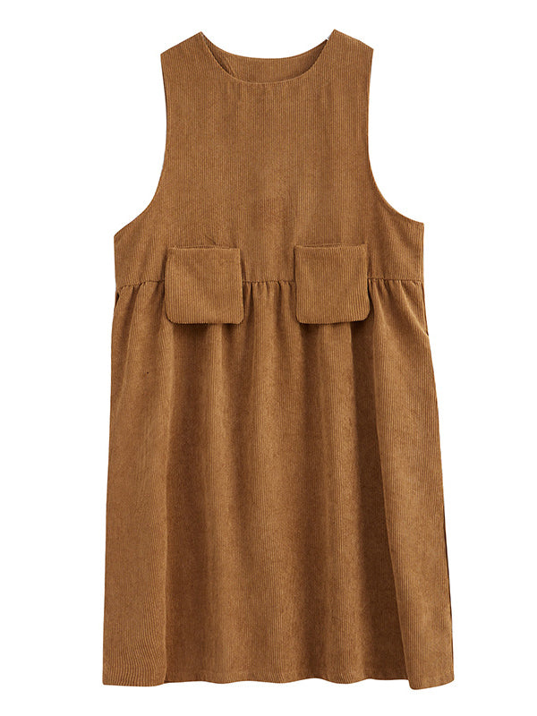 Artistic Retro Loose Sleeveless Color Round-neck Midi Dresses
