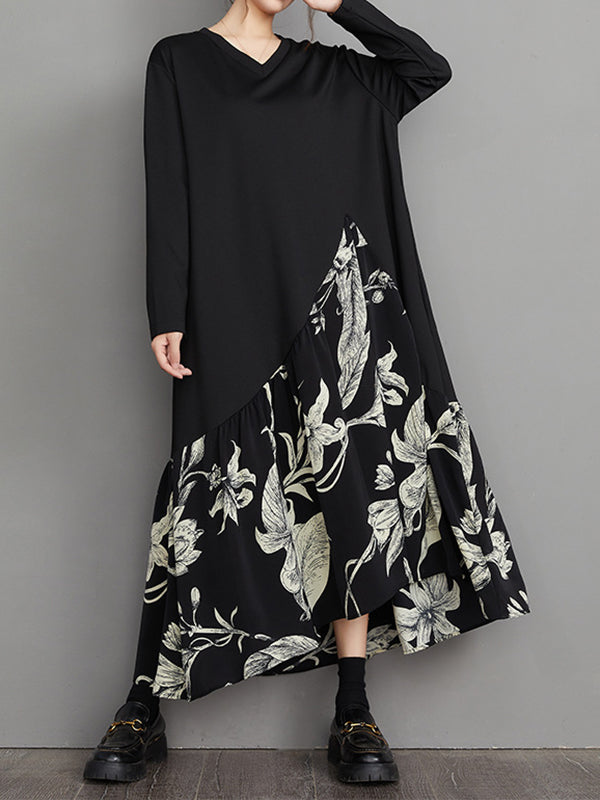 A-line High-low Asymmetric Flower Print Split-joint V-neck Midi Dresses