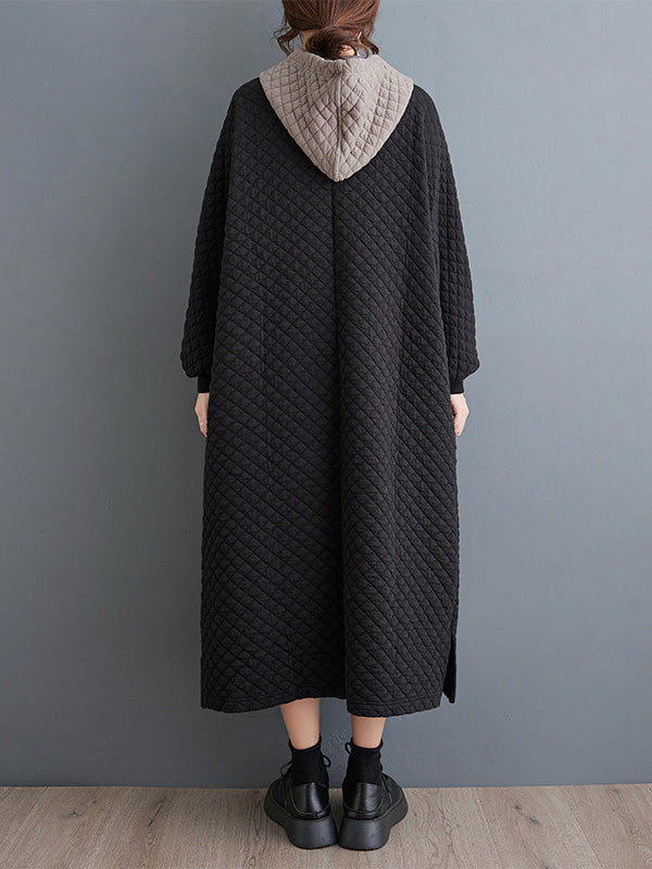 A-line Long Sleeves Hooded Quilted Split-side Midi Dresses