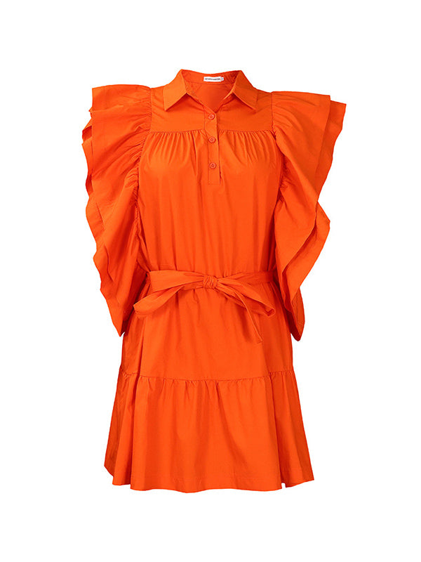 A-line High Waisted Buttoned Pleated Ruffled Color Tied Waist Lapel Mini Dresses