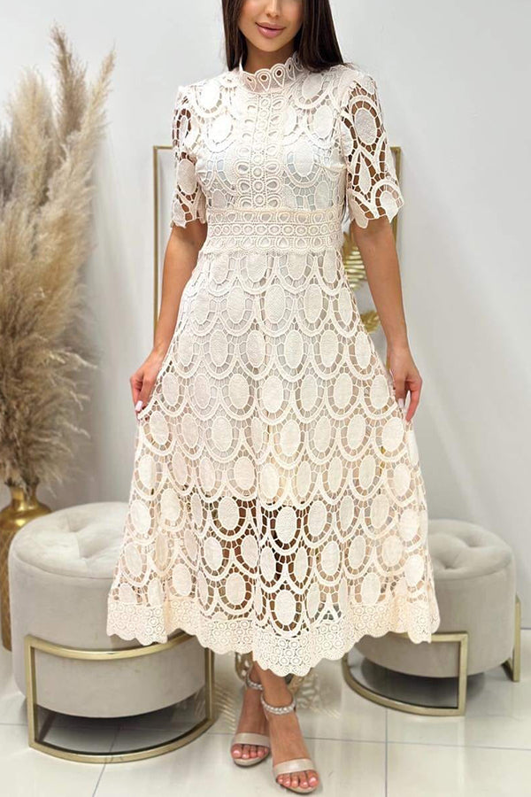 Crocheted Cutout Lace Short-sleeved Stand-collar Midi Dress