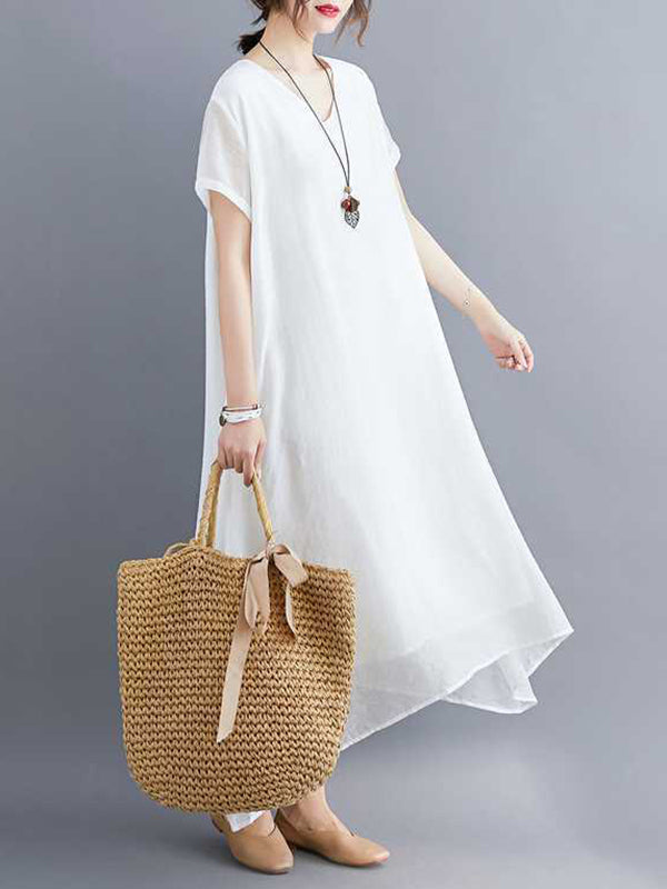 A-line Loose Color V-neck Midi Dresses