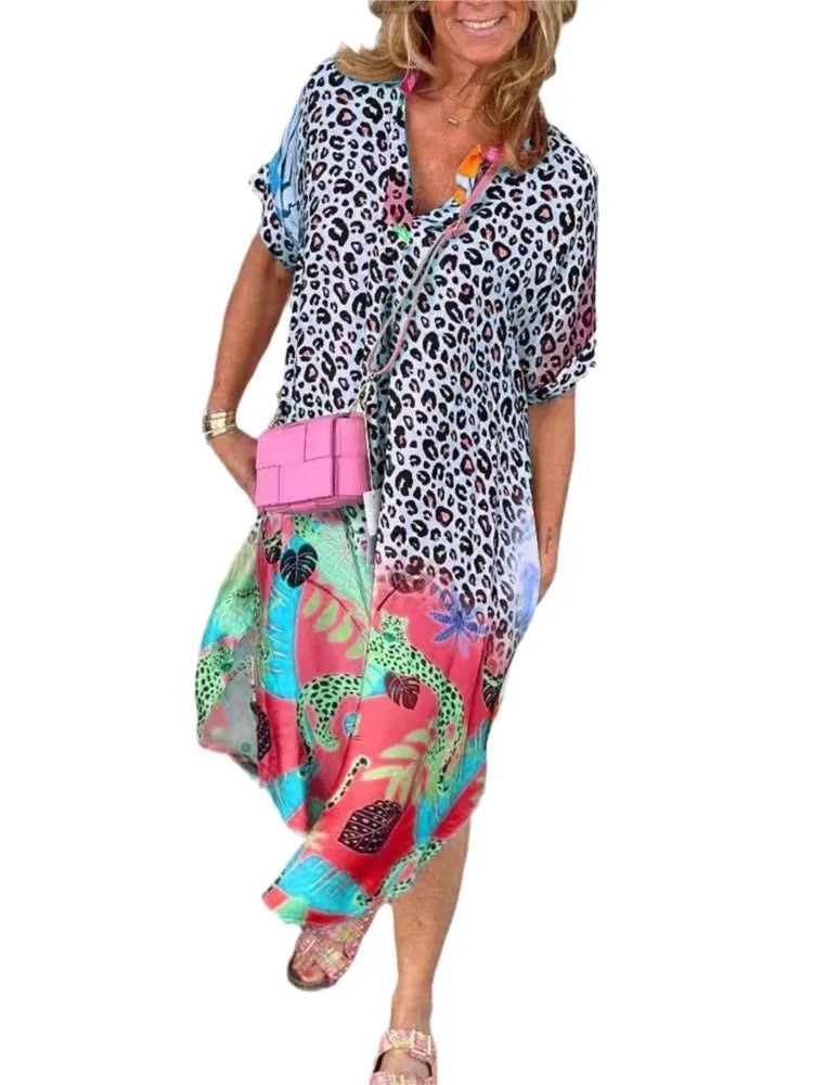 Leopard Print Patchwork Dresses V-neck Short Sleeves Pocket Loose Slit Midi Dress Lady Vestidos Summer New