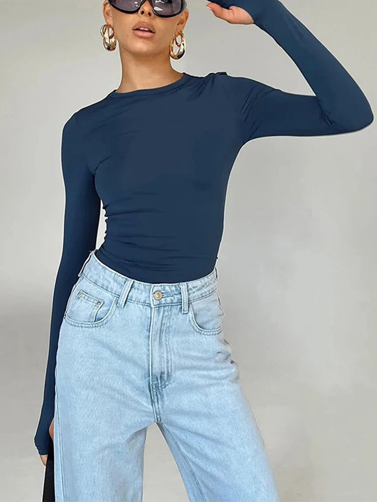 T-shirt Long Sleeve Crew Neck Slim Fit Crop Top With Thumb Holes for Daily Summer Camis