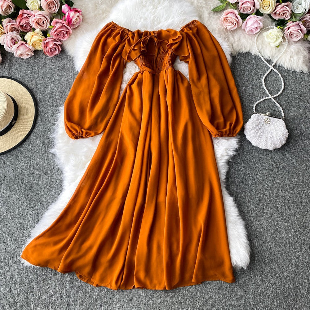 Red Off Shoulder With Ruffles Long Puff Sleeve Midi Dress Ar1019