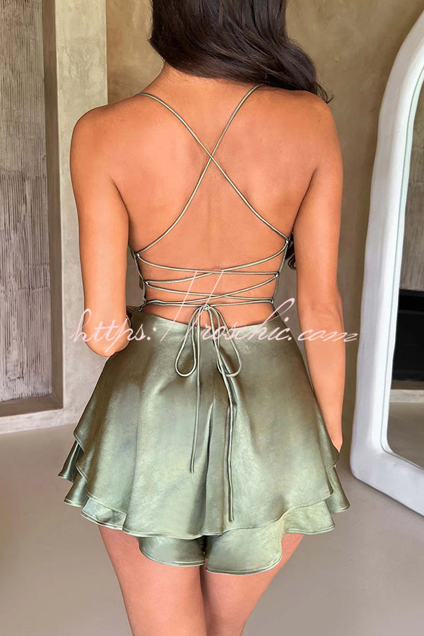 Ruffled Satin Strappy Satin Backless Lace Up Mini Dress