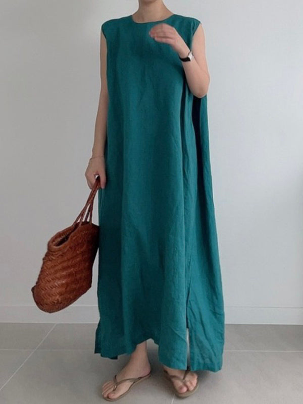 Simple Color Split-side Round-neck Sleeveless Midi Dress