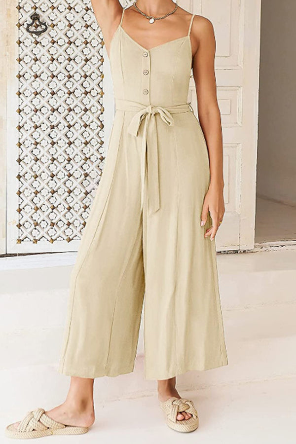 Sleeveless Spaghetti Strap V-neck Gathered Wide-leg Jumpsuit