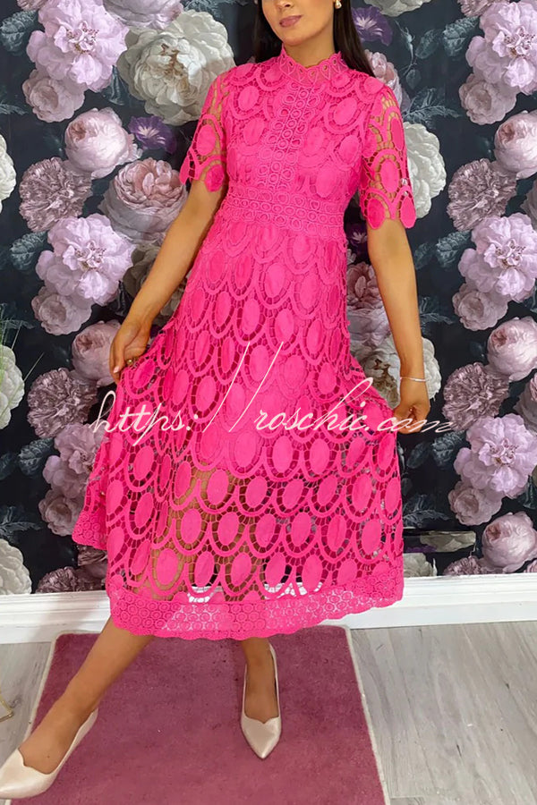 Crocheted Cutout Lace Short-sleeved Stand-collar Midi Dress