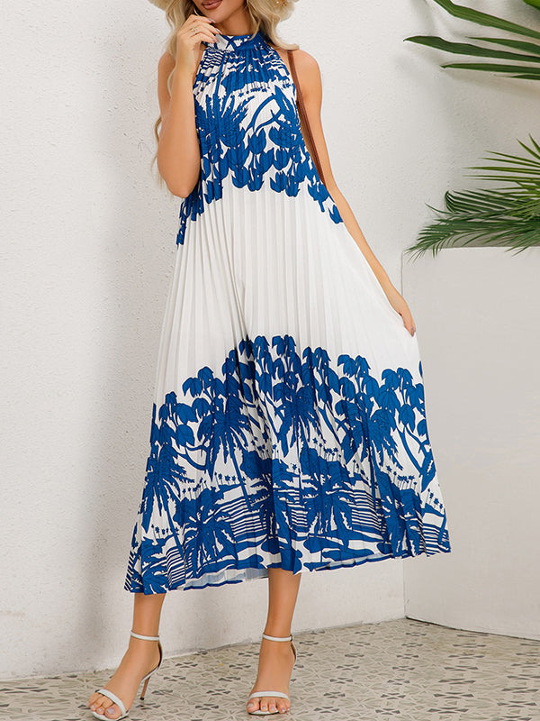 A-line Loose Hollow Pleated Printed Tied Mock Neck Midi Dresses