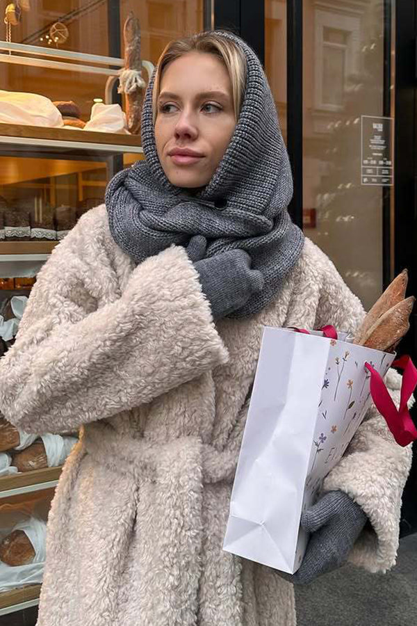 Color Knitted Hooded Scarf and Thick Warm Gloves Two-piece Set