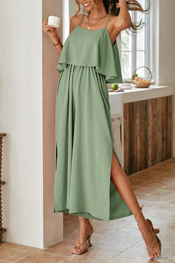 Comfort Slit Ruffled Suspenders Jumpsuit