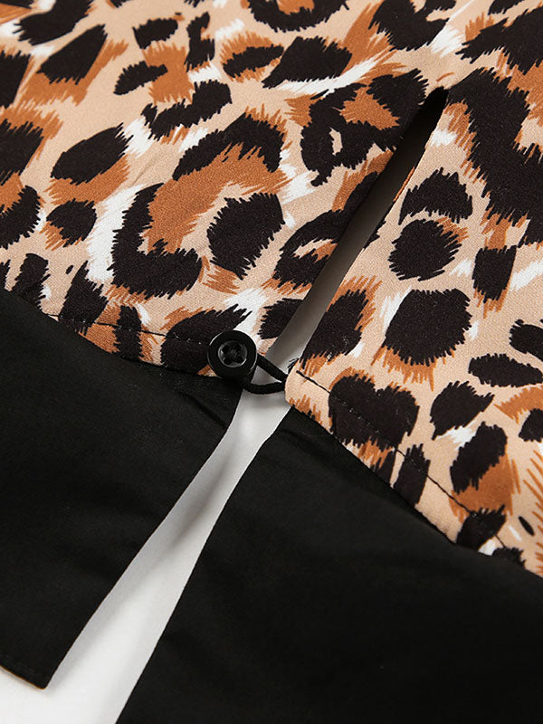 Loose Puff Sleeves Leopard Pleated Printed Split-joint Peter Pan Collar Mini Dresses Shirt Dress