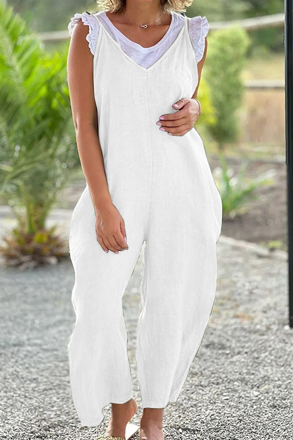 V-neck Wide-leg Pants Suspenders Color Long Jumpsuit