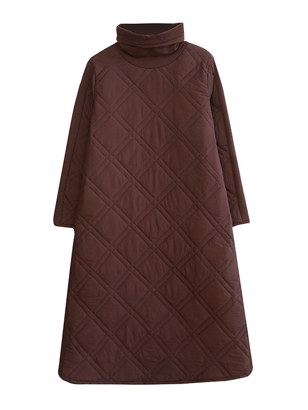 A-line Long Sleeves Color High-neck Midi Dresses