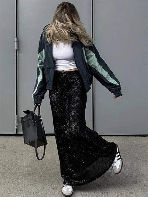 Glitter Sequin Crop Top Female Long Sleeve Outfit T-shirt High Street Sparkle for Y2k Top