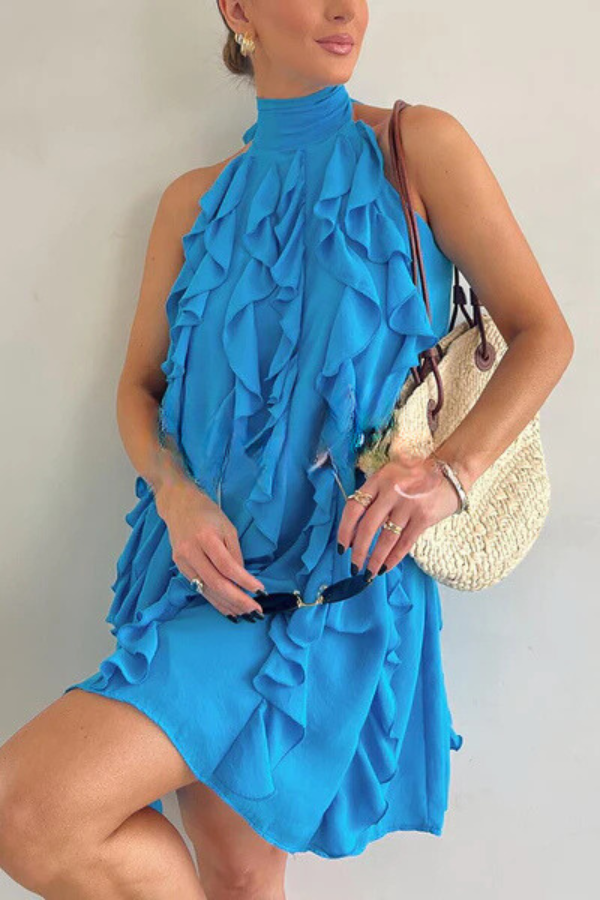 Chiffon High Neck Ruffle Pleated A-line Mini Dress