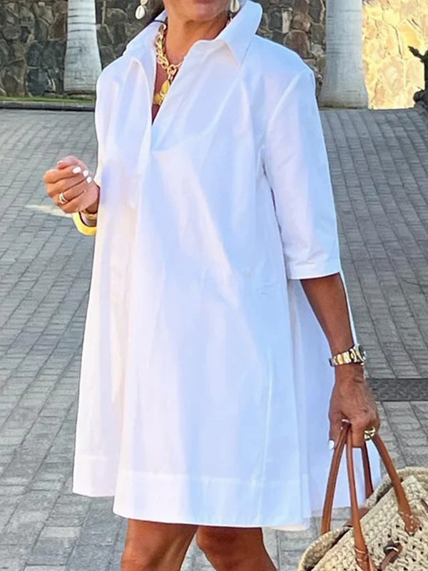 Half Sleeves Loose Color Lapel Mini Dresses