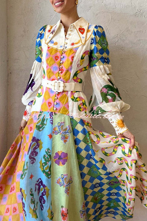 Bold and Irregular Unique Print Balloon Sleeve Belt Shirt Midi Dress